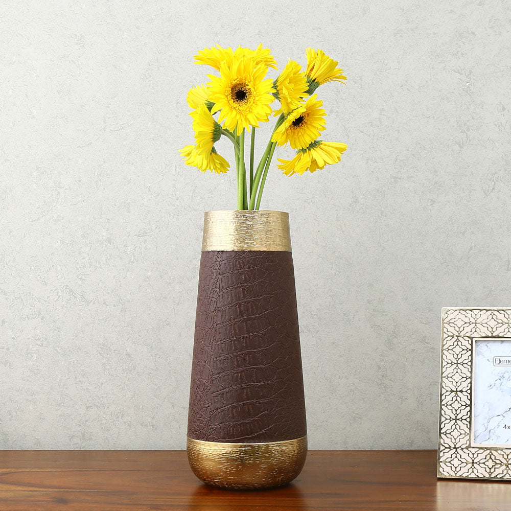 Nilkamal Faux Leather and Metal Vase - Small (Brown & Gold)