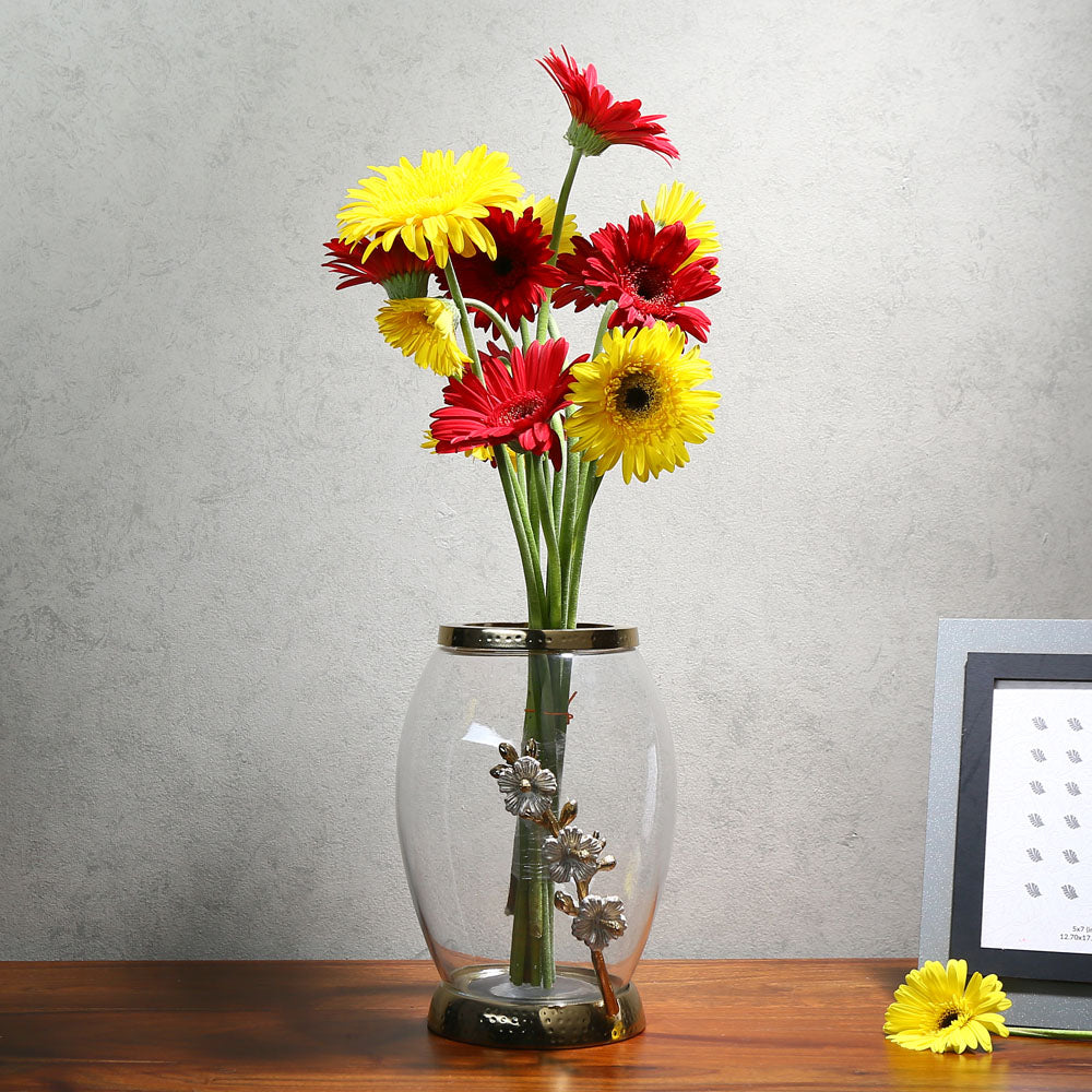 Decorative Glass & Metal Oval Vase (Small, Transparent & Gold)