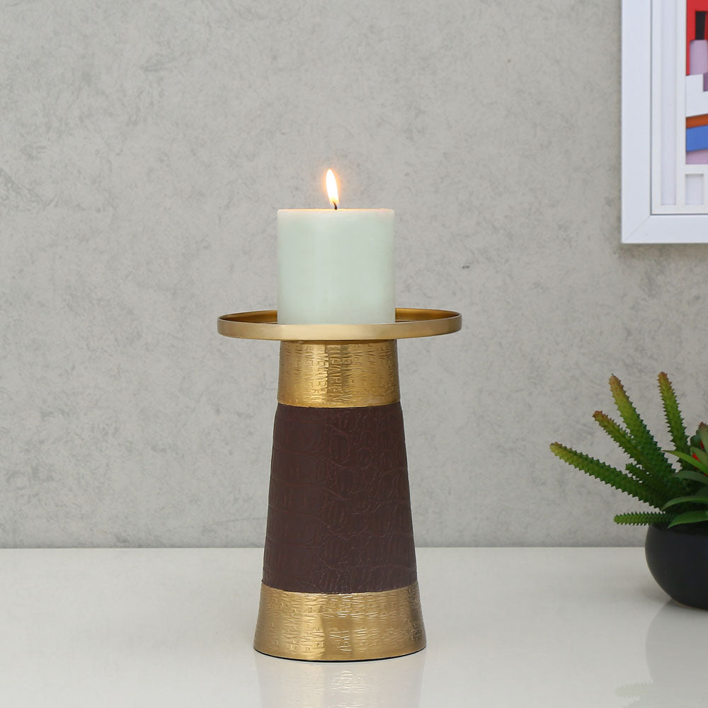 Decorative Faux Leather & Metal Candle Holder (Small, Brown & Gold)