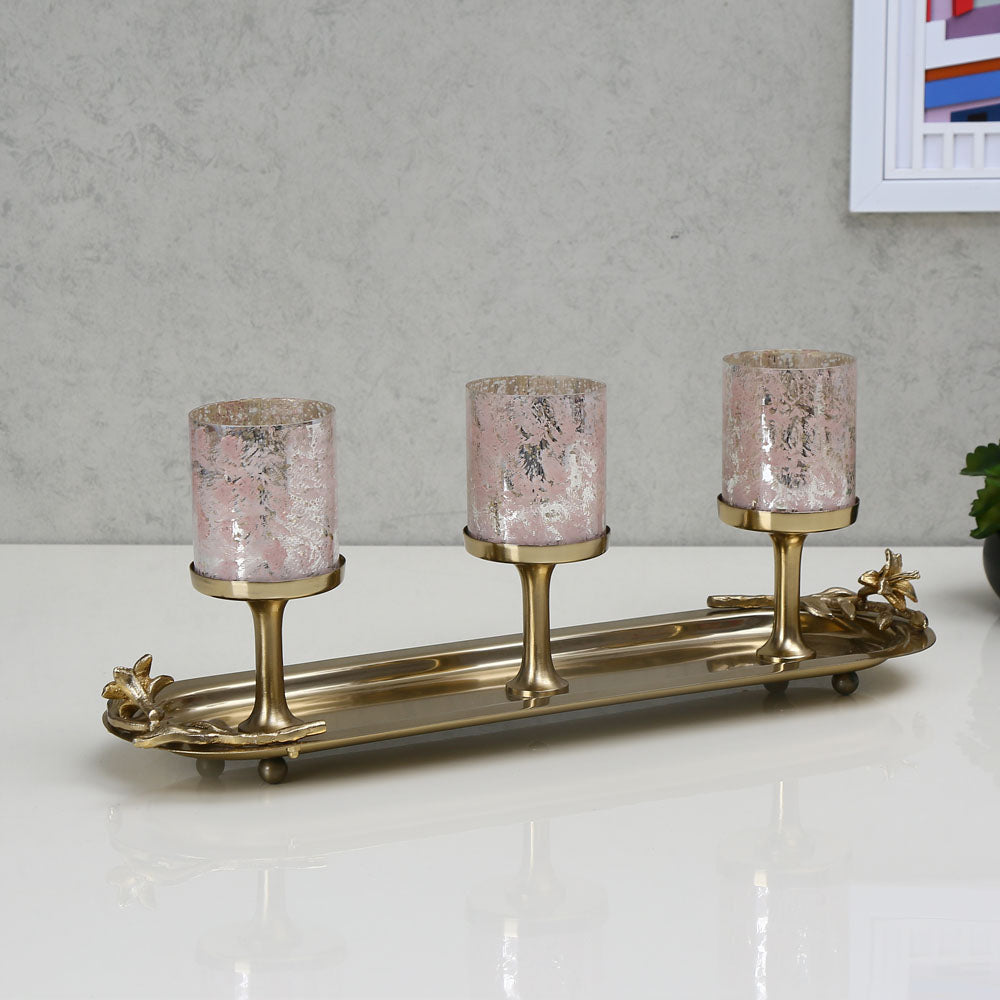 Decorative 3 Votives Metal & Glass Candle Stand (Pink & Gold)