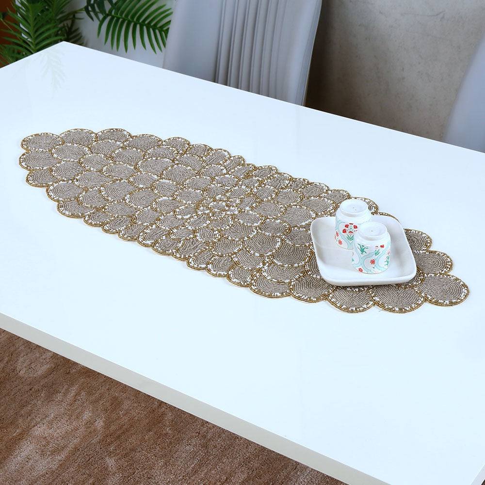 Decorative Floral Beaded Table Runner (90 x 33 cm, Grey & Gold)