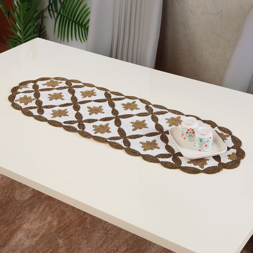 Decorative Floral Beaded Table Runner (90 x 33 cm, Gold & Off White)