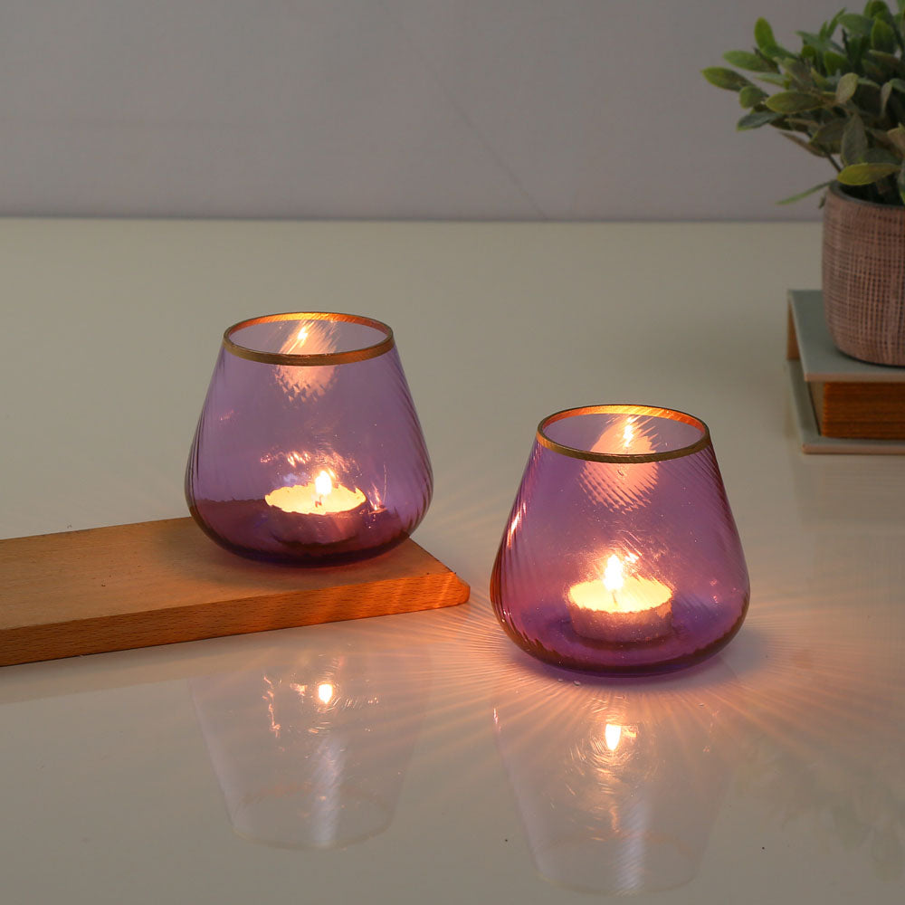 Fluted Design Glass Votives Set of 2 (Purple)