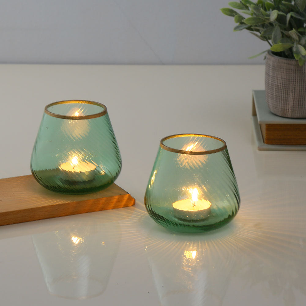 Fluted Design Glass Votives Set of 2 (Green)