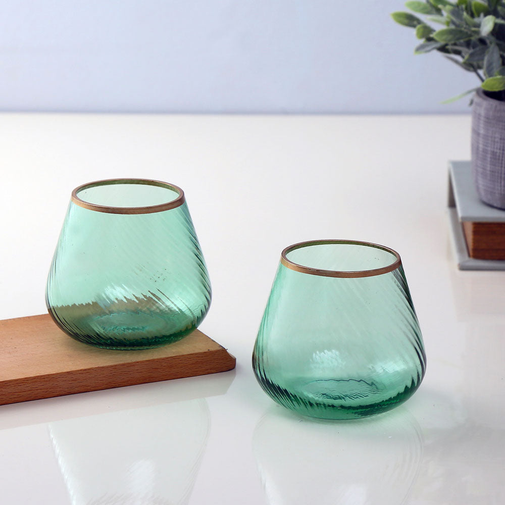 Fluted Design Glass Votives Set of 2 (Green)