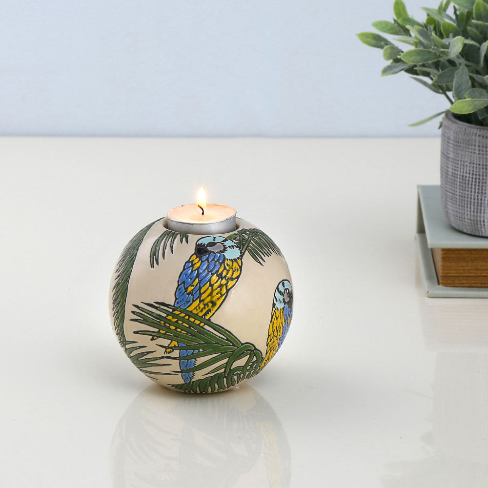 Bird and Leaf Round Votive (Green & White)