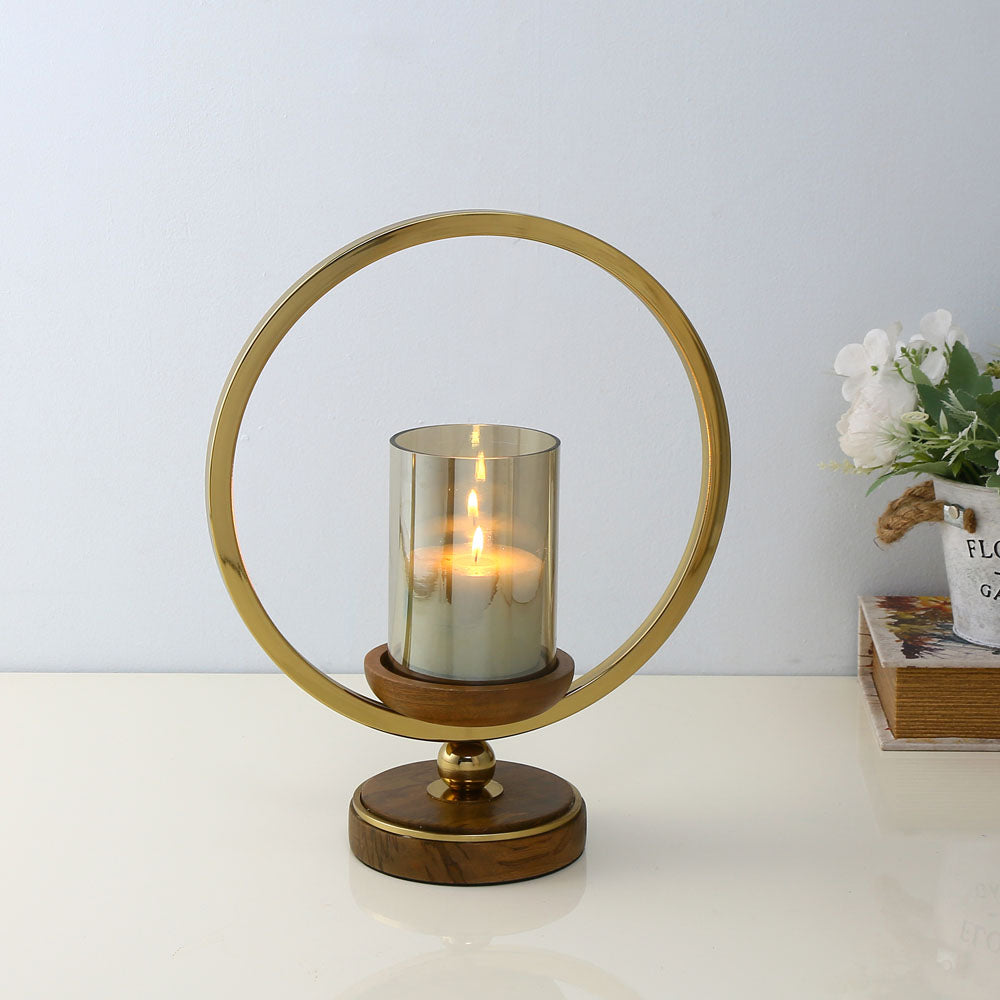 Decorative Circular Ring Wooden & Glass Candle Holder (Small, Gold & Brown)