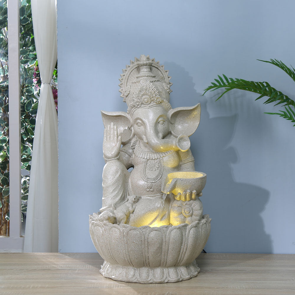 Decorative Ganesha On Lotus Polyresin Water Fountain (Sand)