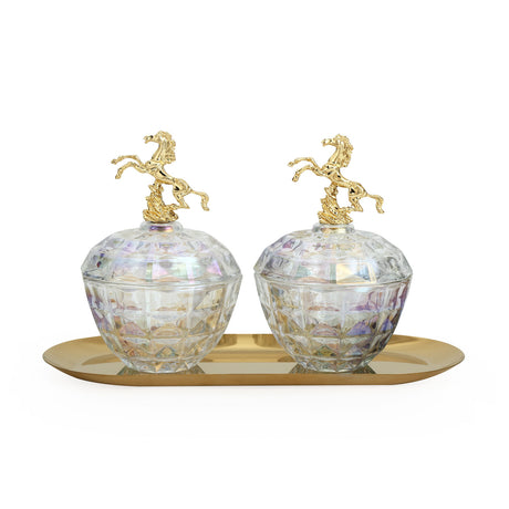 Decorative Horse Lid Metal & Glass Storage Containers Set of 2 (Gold)