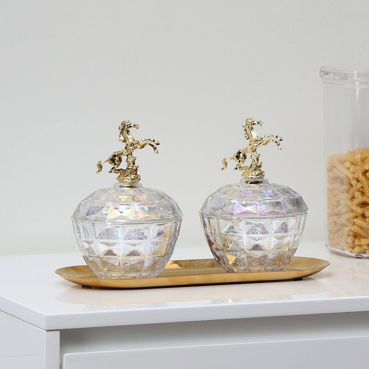 Decorative Horse Lid Metal & Glass Storage Containers Set of 2 (Gold)