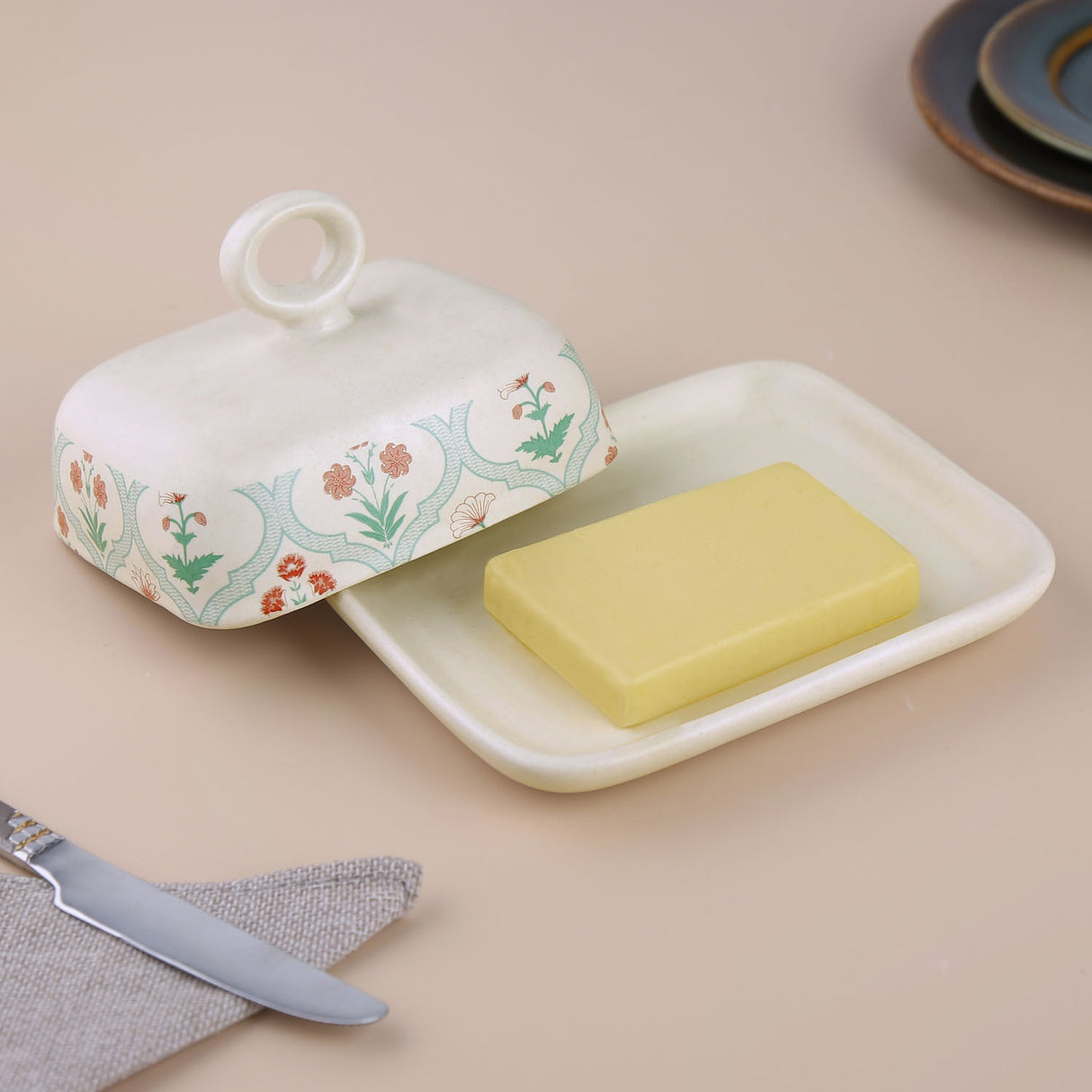 Floral Stoneware Butter Dish (Green)