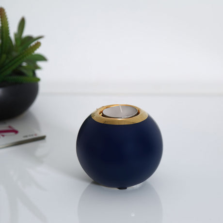 Decorative Round Ceramic Votive (Blue & Gold)