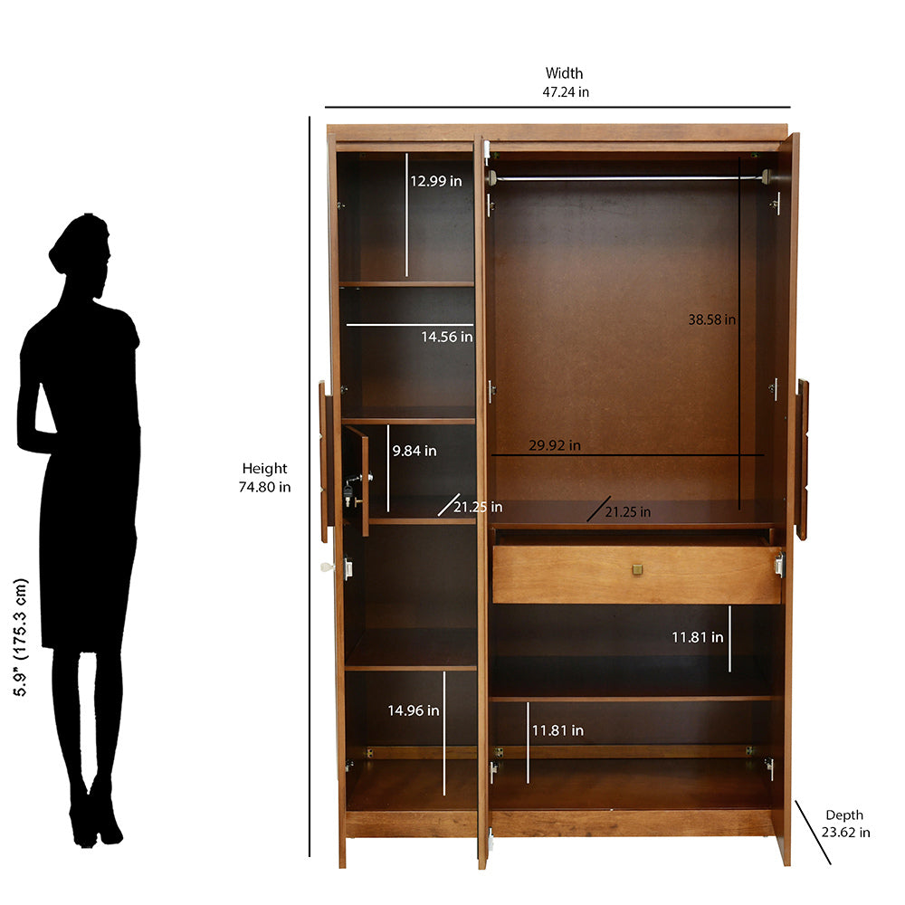 Hedron 3 Door Wardrobe With Mirror (Antique Cherry)