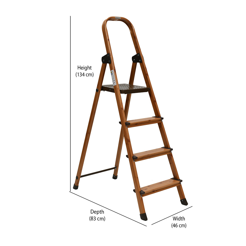 4 Steps Wooden Finished Foldable Aluminium Ladder (Brown)