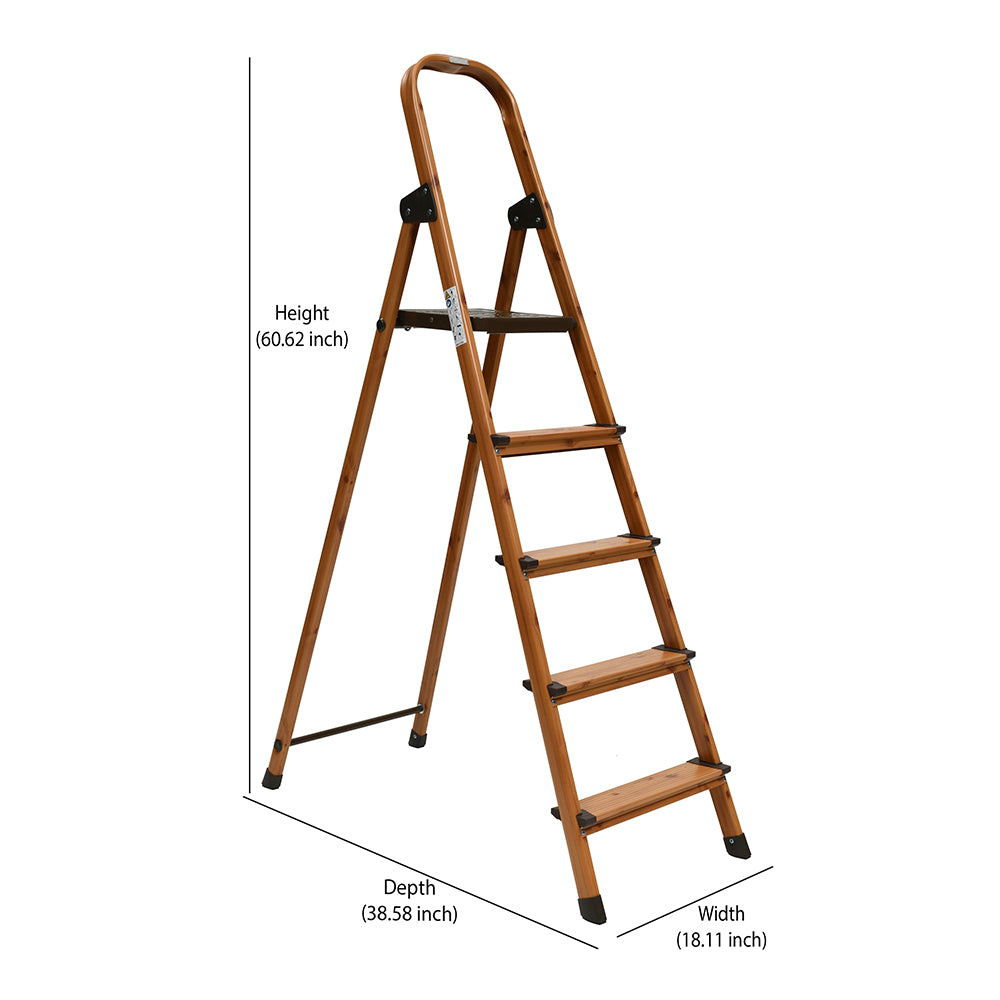 5 Steps Wooden Finished Foldable Aluminium Ladder (Brown)