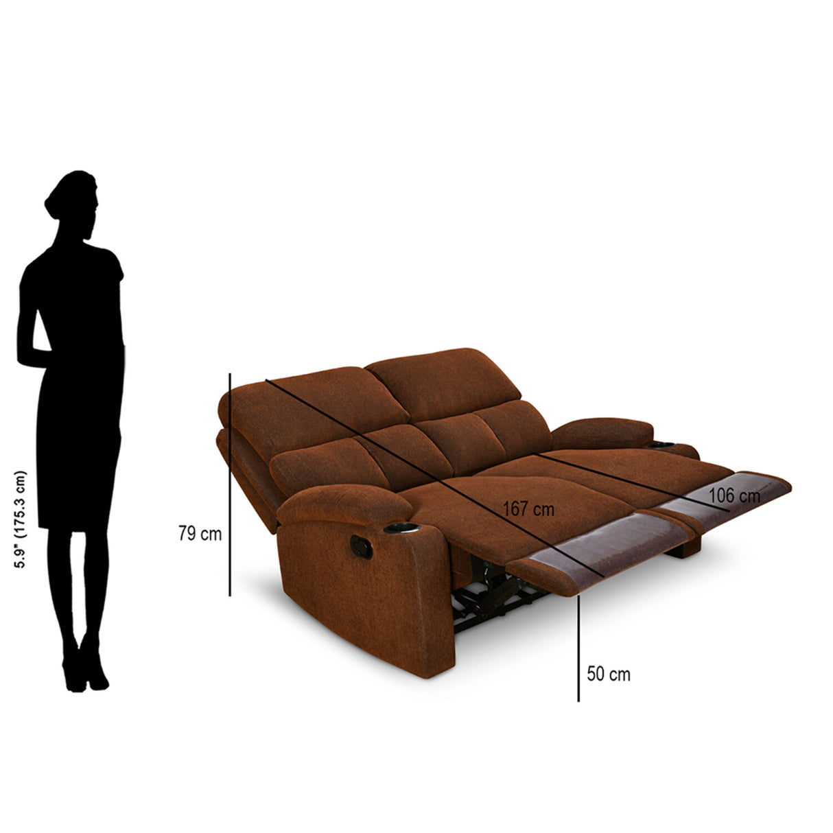 Matt 2 Seater Recliner Sofa with Cup Holder (Cocoa)