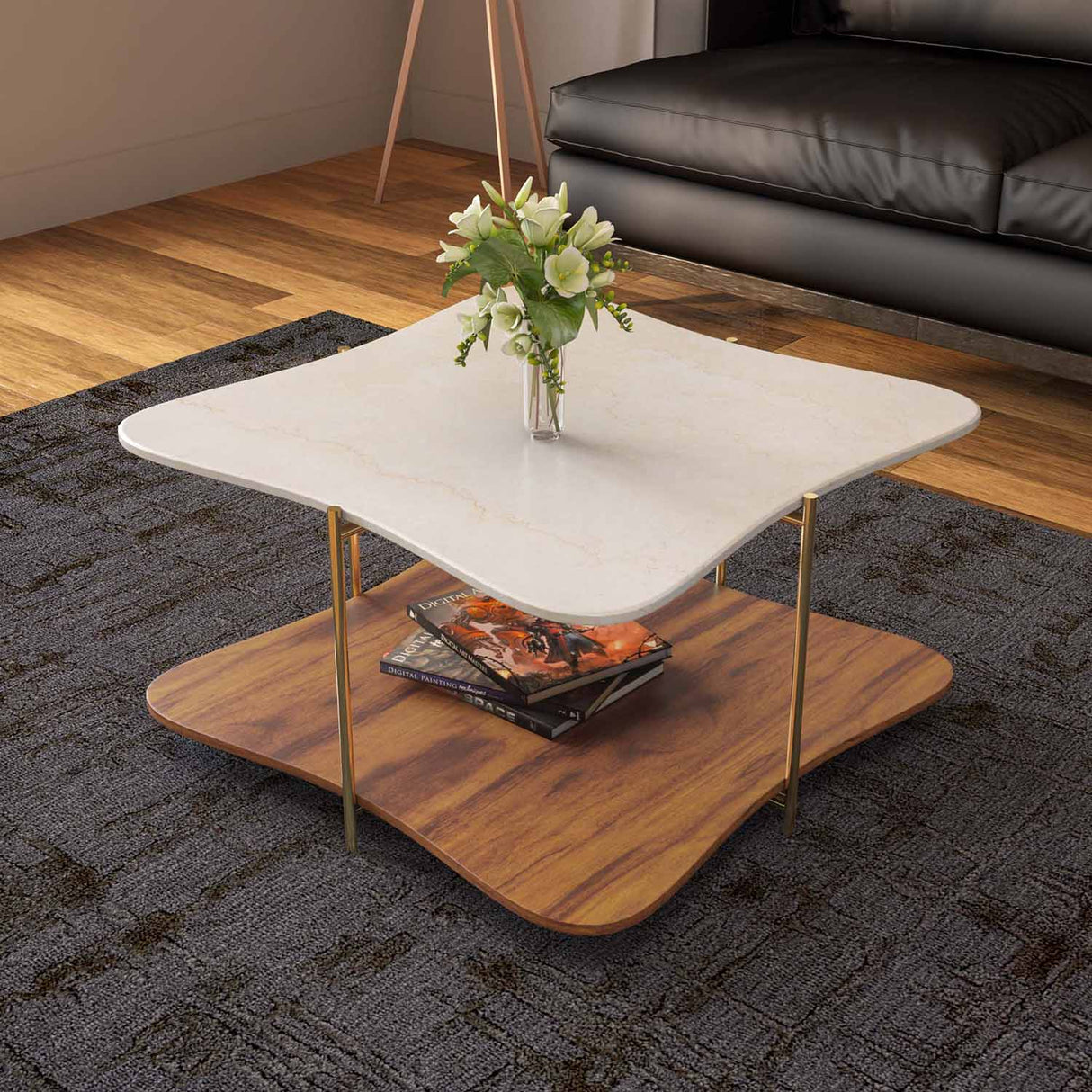 Ellon Ceramic Top With Wooden Shelf Center Table (Gold)