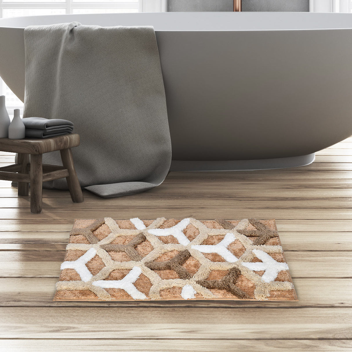 Ariana Abstract Polyester 20" x 30" Anti Skid Bath Mat (Beige)