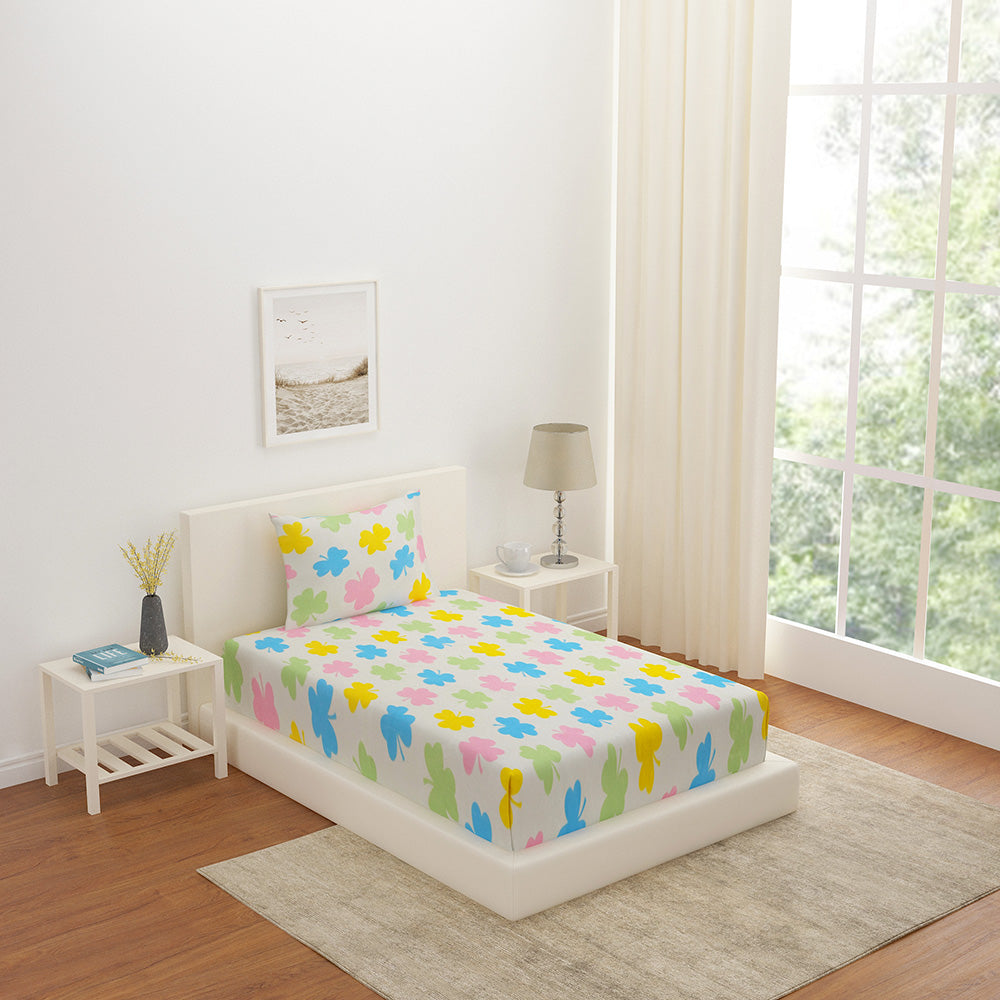 Ammara Leaf Design Polyester Single Bedsheet with 1 Pillow Cover (Multicolor)