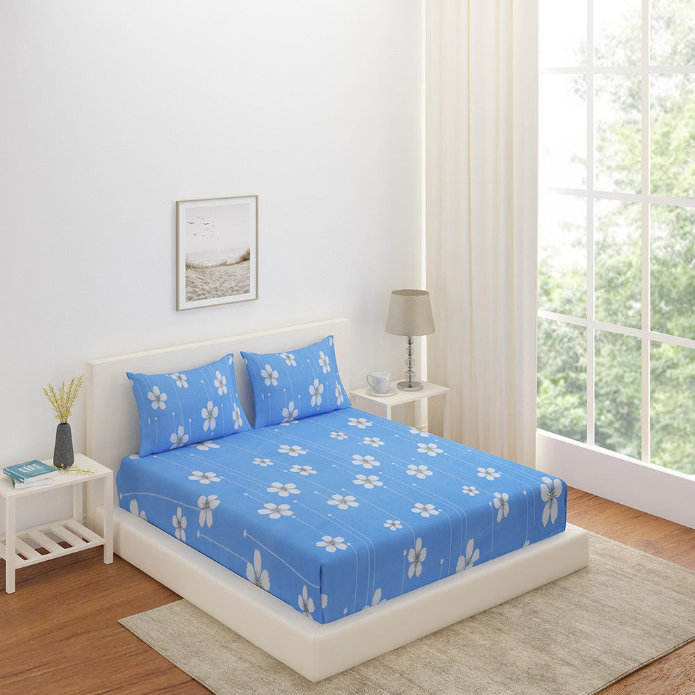 Ammara Floral Polyester Double Bedsheet with 2 Pillow Covers (Sky Blue)