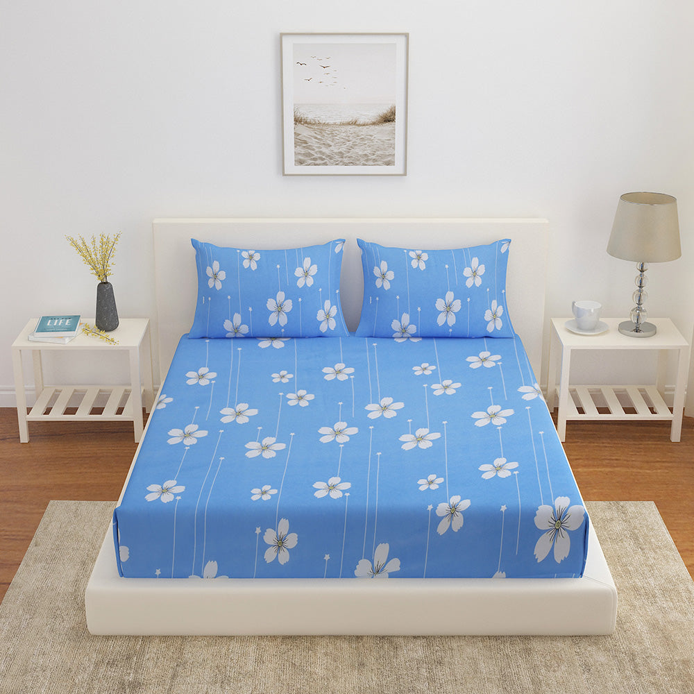 Ammara Floral Polyester Double Bedsheet with 2 Pillow Covers (Sky Blue)