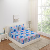 Leaf Design Polyester King Bedsheet with 2 Pillow Covers (Blue)