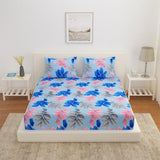 Leaf Design Polyester King Bedsheet with 2 Pillow Covers (Blue)