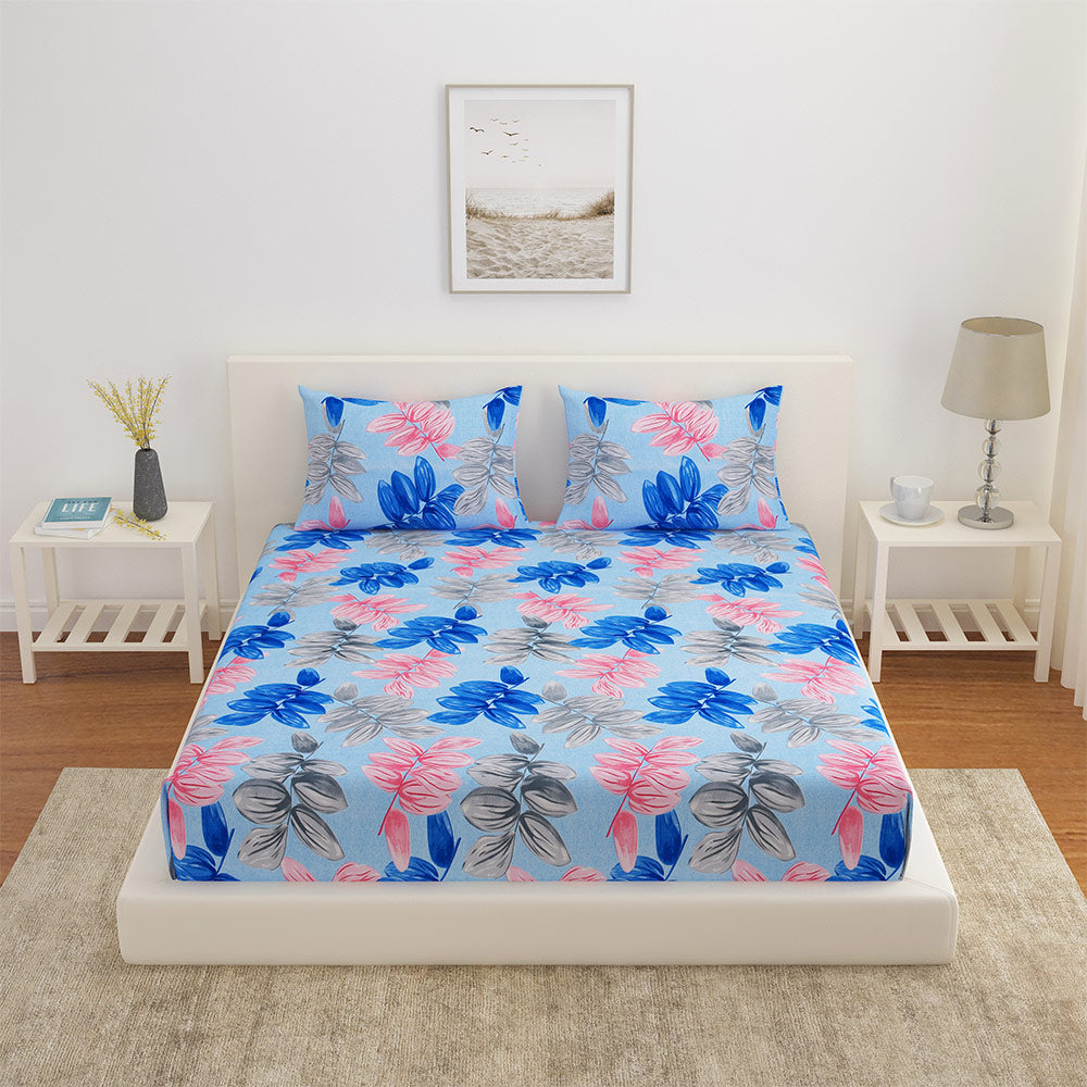 Leaf Design Polyester King Bedsheet with 2 Pillow Covers (Blue)