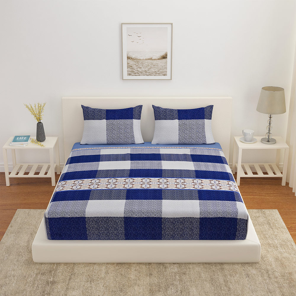 Checkered Polyester King Bedsheet with 2 Pillow Covers (Blue)