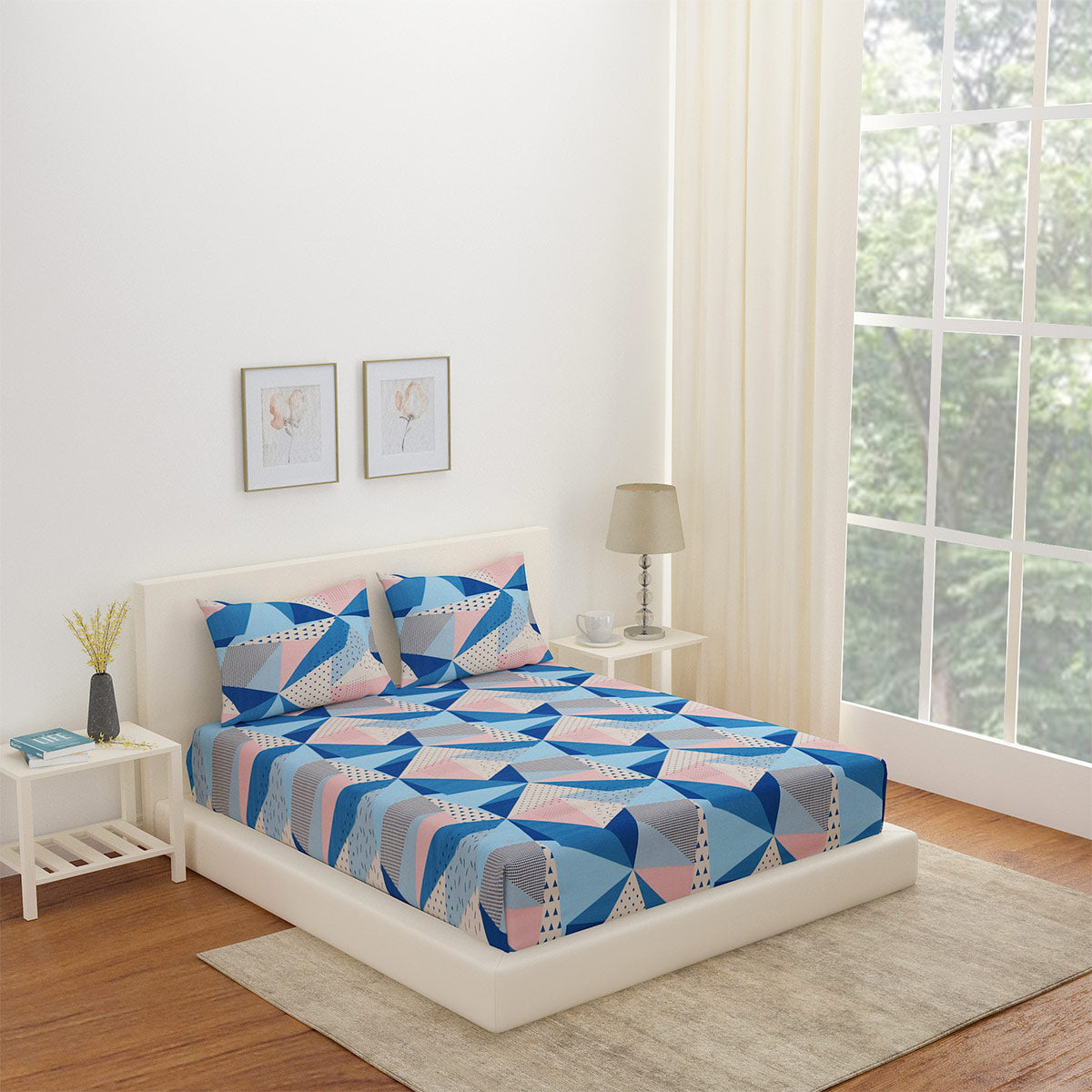 Arias by Lara Dutta Geometric Cotton King Bedsheet With 2 Pillow Covers (Blue)