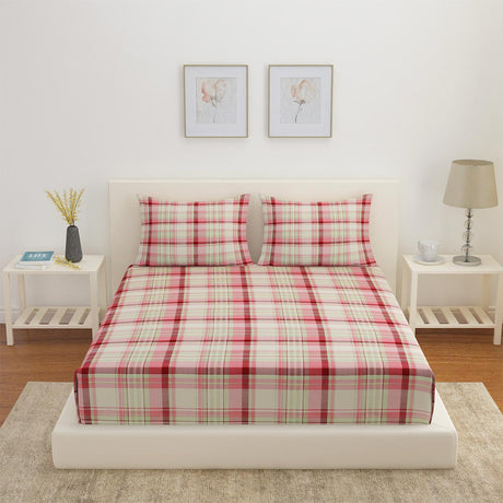 Arias by Lara Dutta Checkered Cotton King Bedsheet With 2 Pillow Covers (Pink)