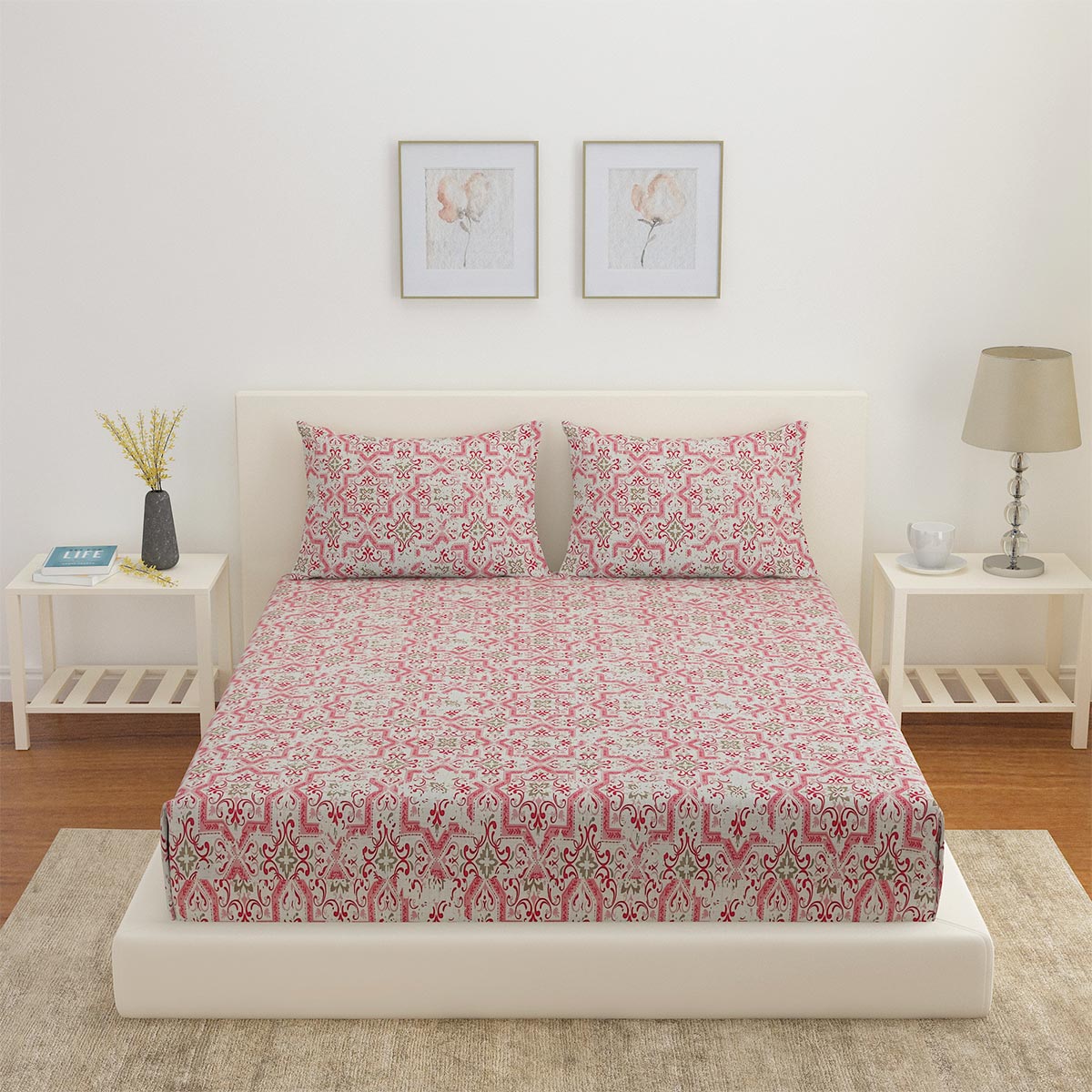 Arias by Lara Dutta Abstract Cotton King Bedsheet With 2 Pillow Covers (Pink)