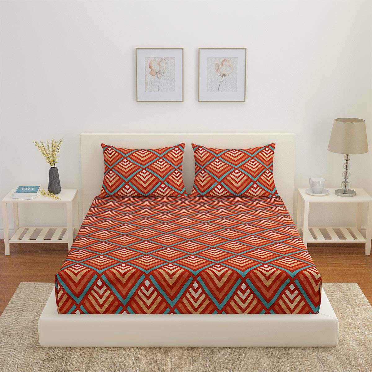 Arias by Lara Dutta Abstract Cotton King Bedsheet With 2 Pillow Covers (Red)