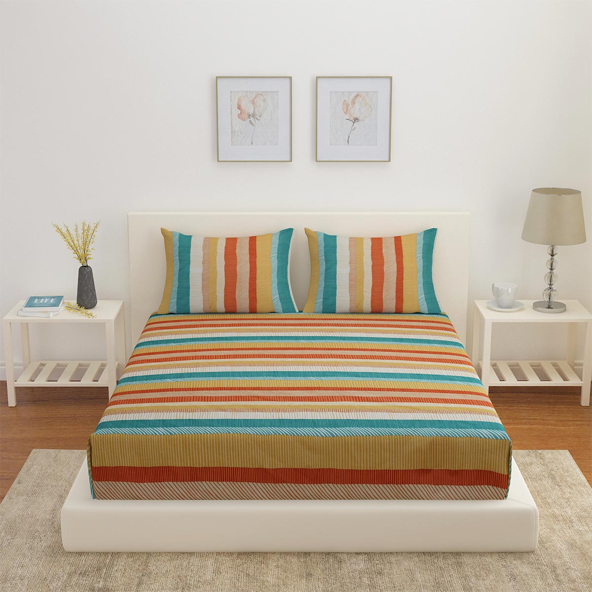 Arias by Lara Dutta Striped Cotton King Bedsheet With 2 Pillow Covers (Multicolor)