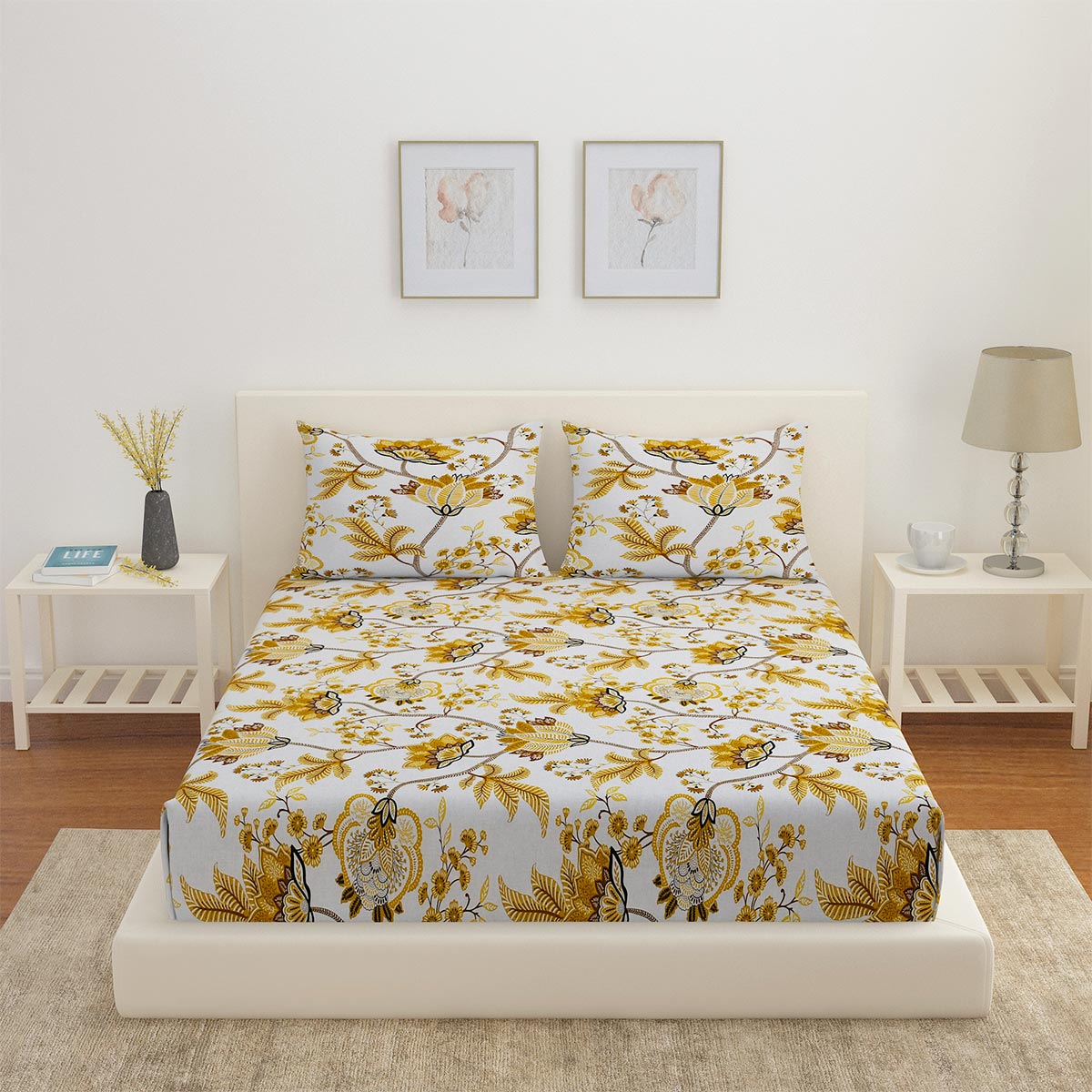 Arias by Lara Dutta Floral Cotton King Bedsheet With 2 Pillow Covers (Yellow)