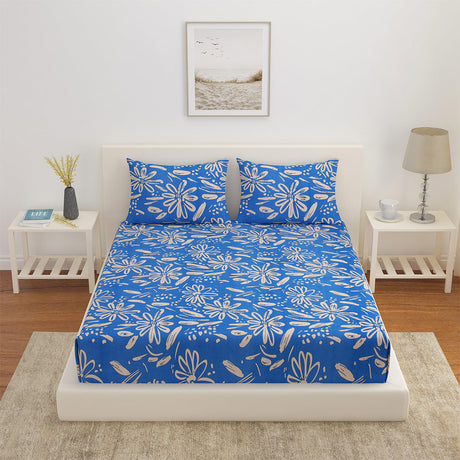 Floral Polyester Double Bedsheet with 2 Pillow Covers (Blue)