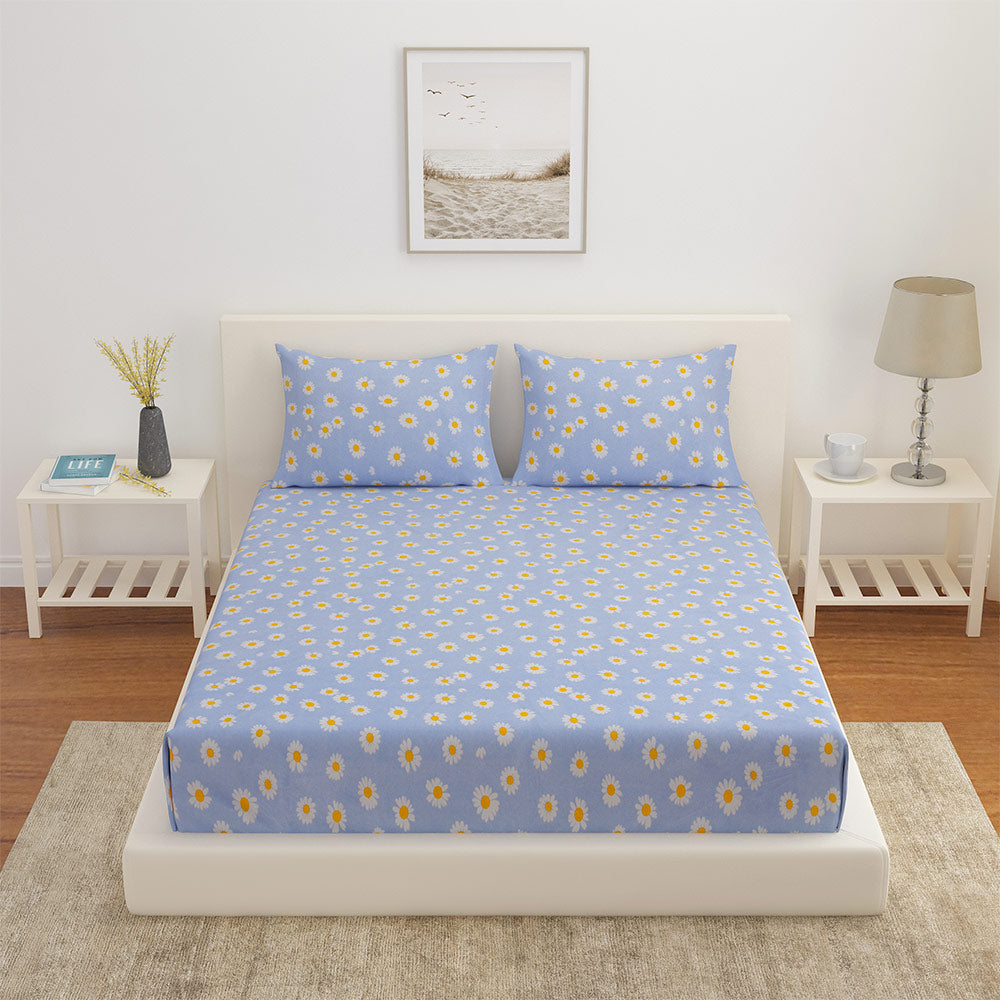 Floral Polyester Double Bedsheet with 2 Pillow Covers (Blue)