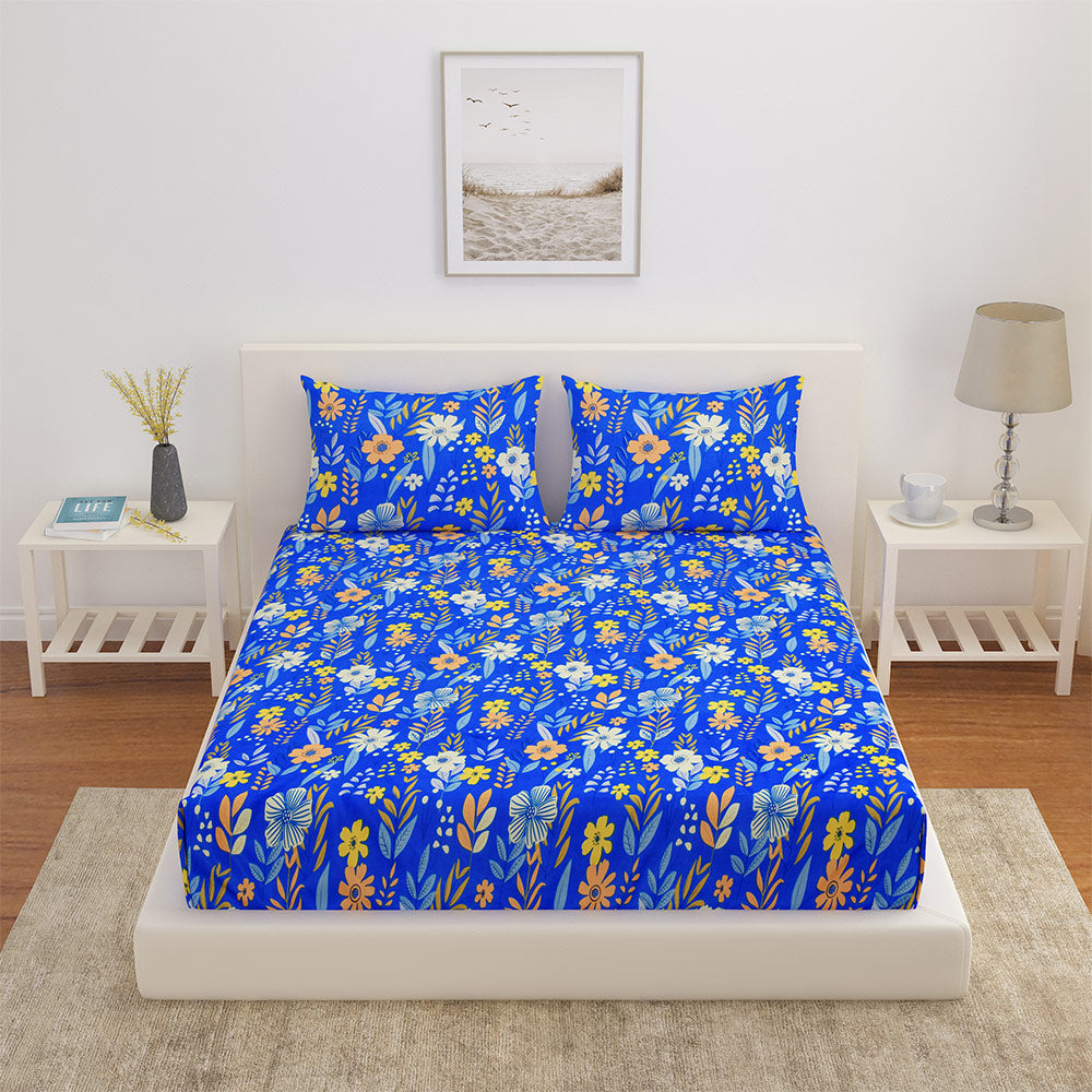 Floral Polyester Double Bedsheet with 2 Pillow Covers (Indigo)