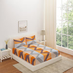 Geometric Polyester Double Bedsheet with 2 Pillow Covers (Orange & Blue)