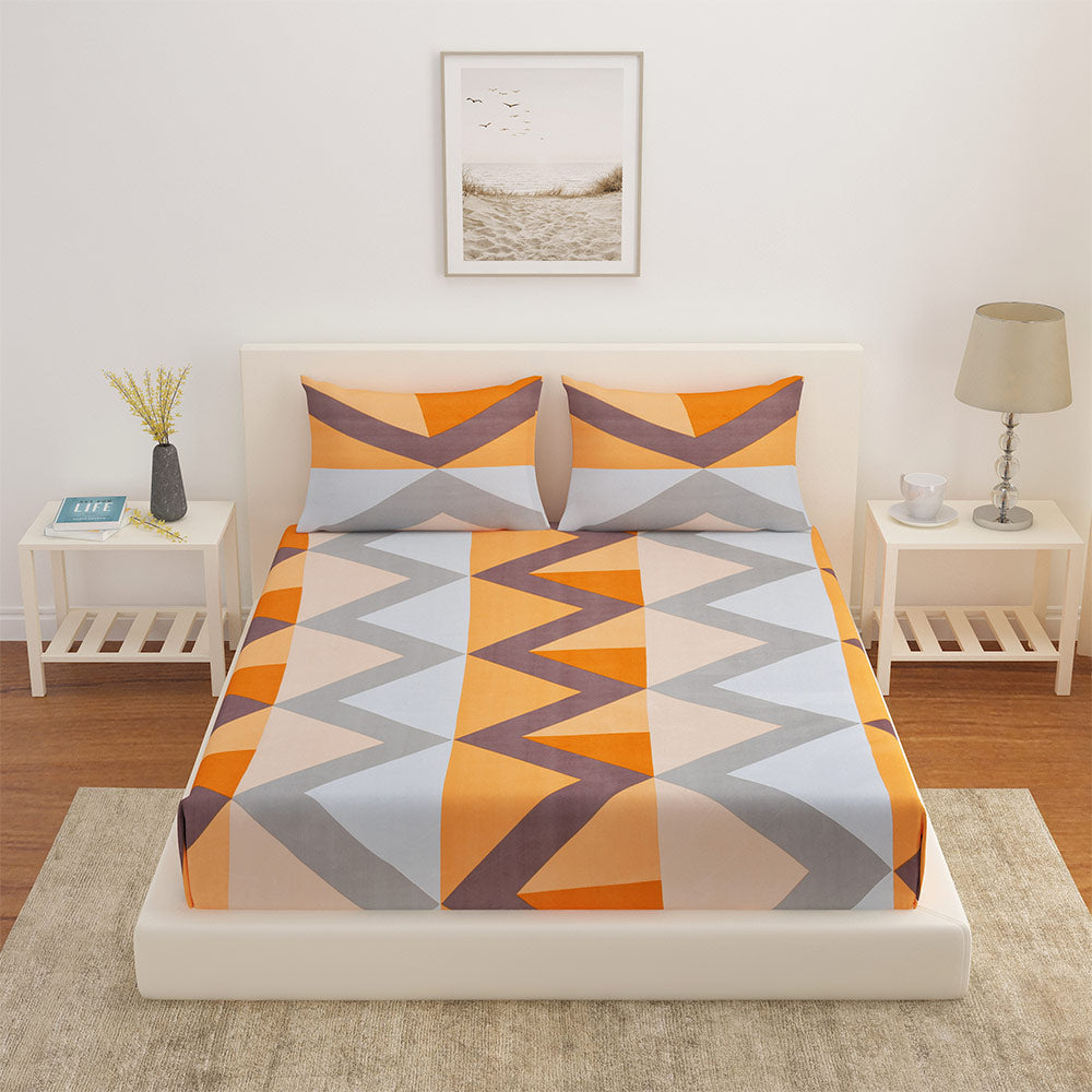 Geometric Polyester Double Bedsheet with 2 Pillow Covers (Orange & Blue)