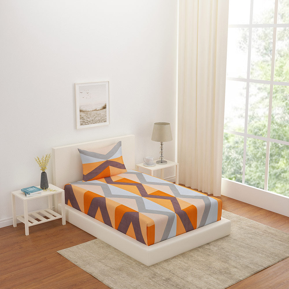 Geometric Polyester Single Bedsheet with 1 Pillow Cover (Orange & Blue)