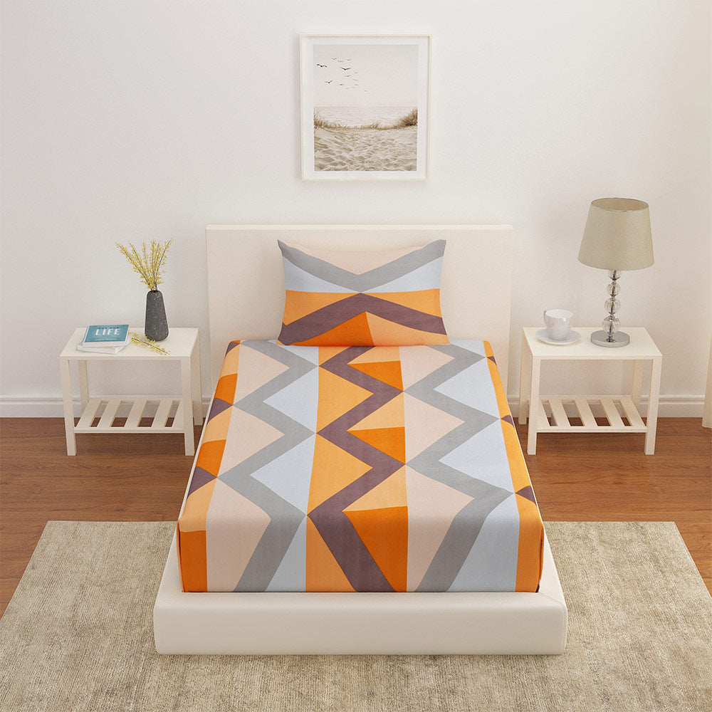 Geometric Polyester Single Bedsheet with 1 Pillow Cover (Orange & Blue)