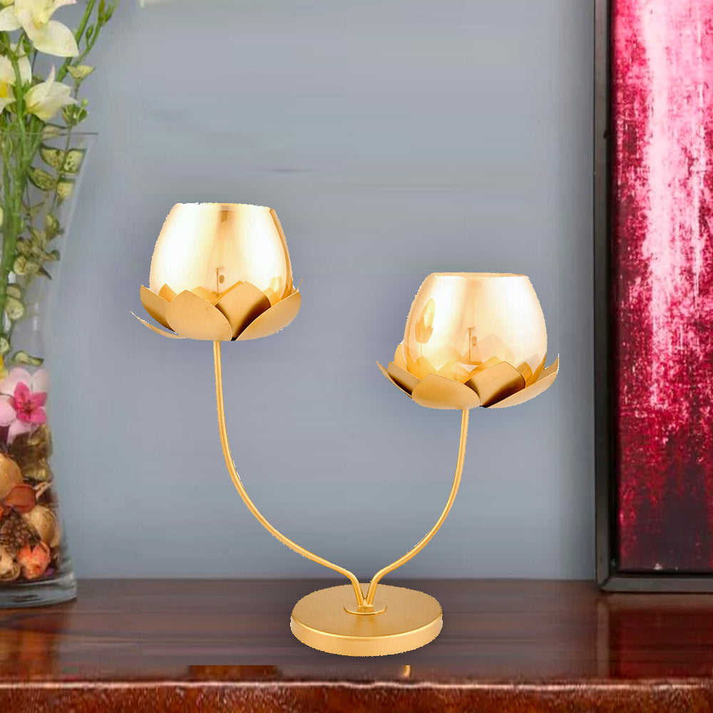 Lotus Branch Metal & Glass Candle Holder (Gold)