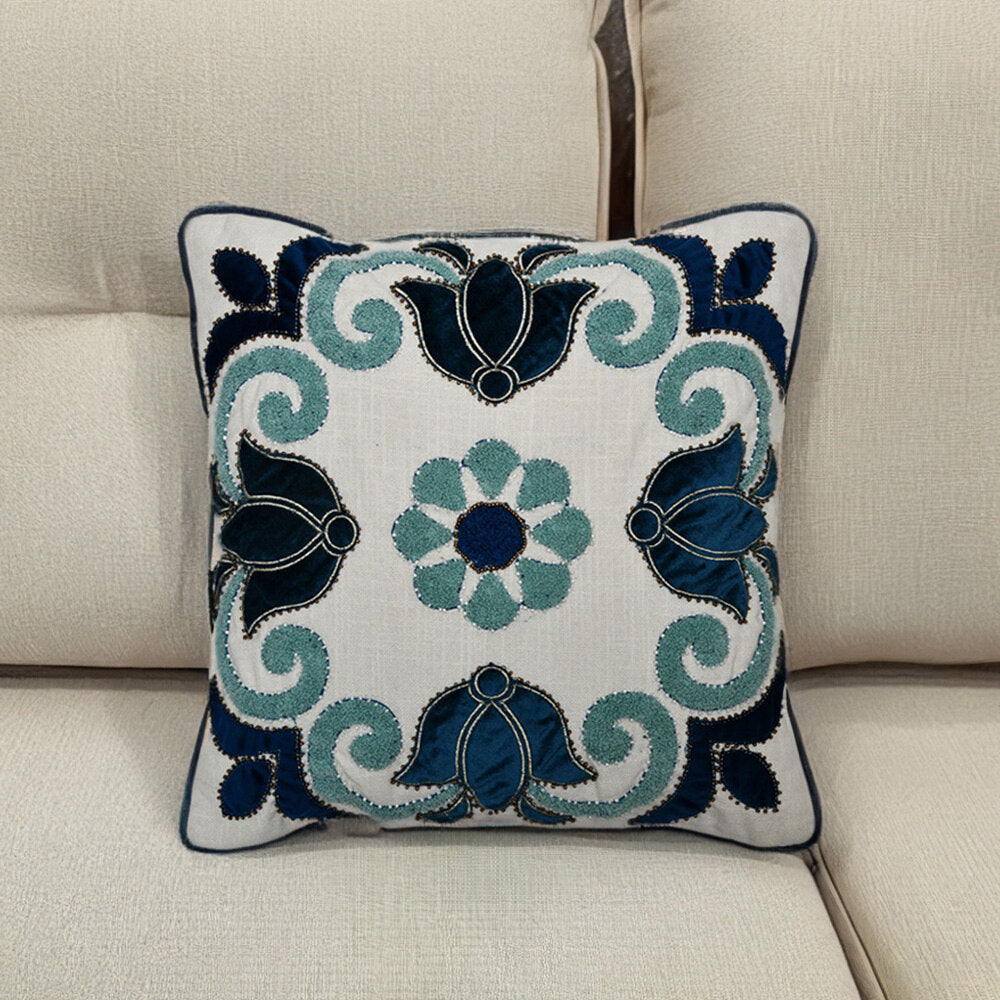 Embroidered Cotton Polyester 16" x 16" Cushion Cover (Blue)