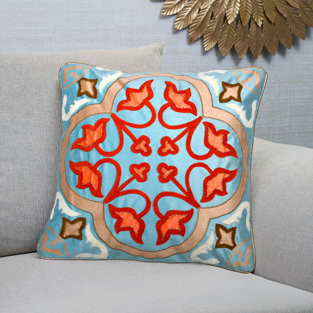 Embroidered Polyester 16" x 16" Cushion Cover (Blue & Orange)