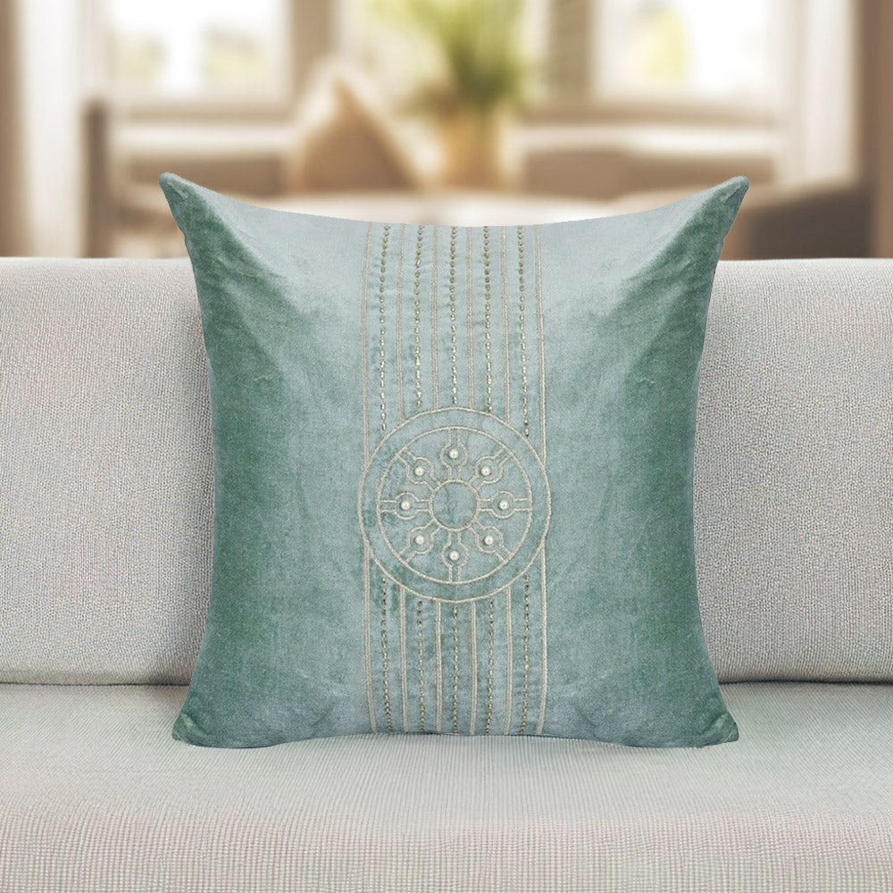 Embroidered Cotton Polyester 16' x 16' Cushion Cover (Seagreen)