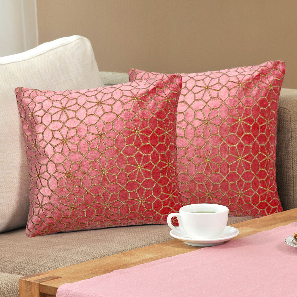 Floral Cotton Polyester 16" x 16" Cushion Covers Set of 2 (Pink)