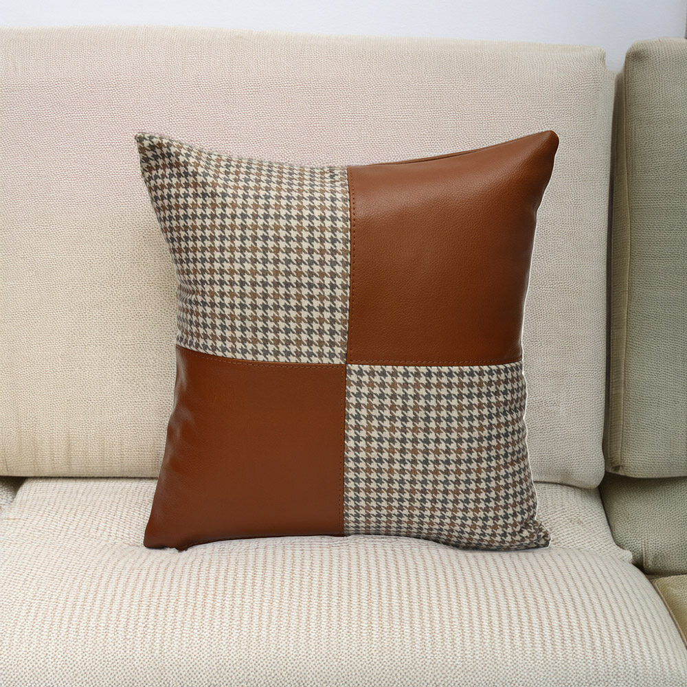 Houndstooth Pattern Fabric and Leatherette 16' x 16' Cushion Cover (Beige & Tan)