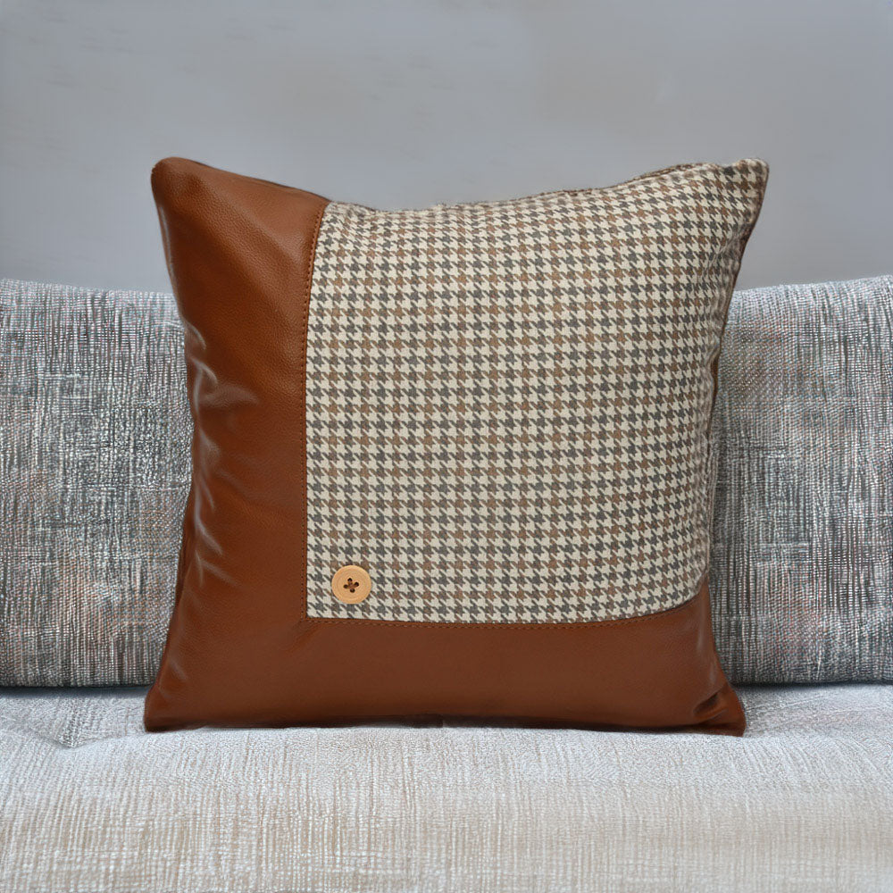 Houndstooth Patch Fabric & Leatherette 16' x 16' Cushion Cover (Beige & Tan)