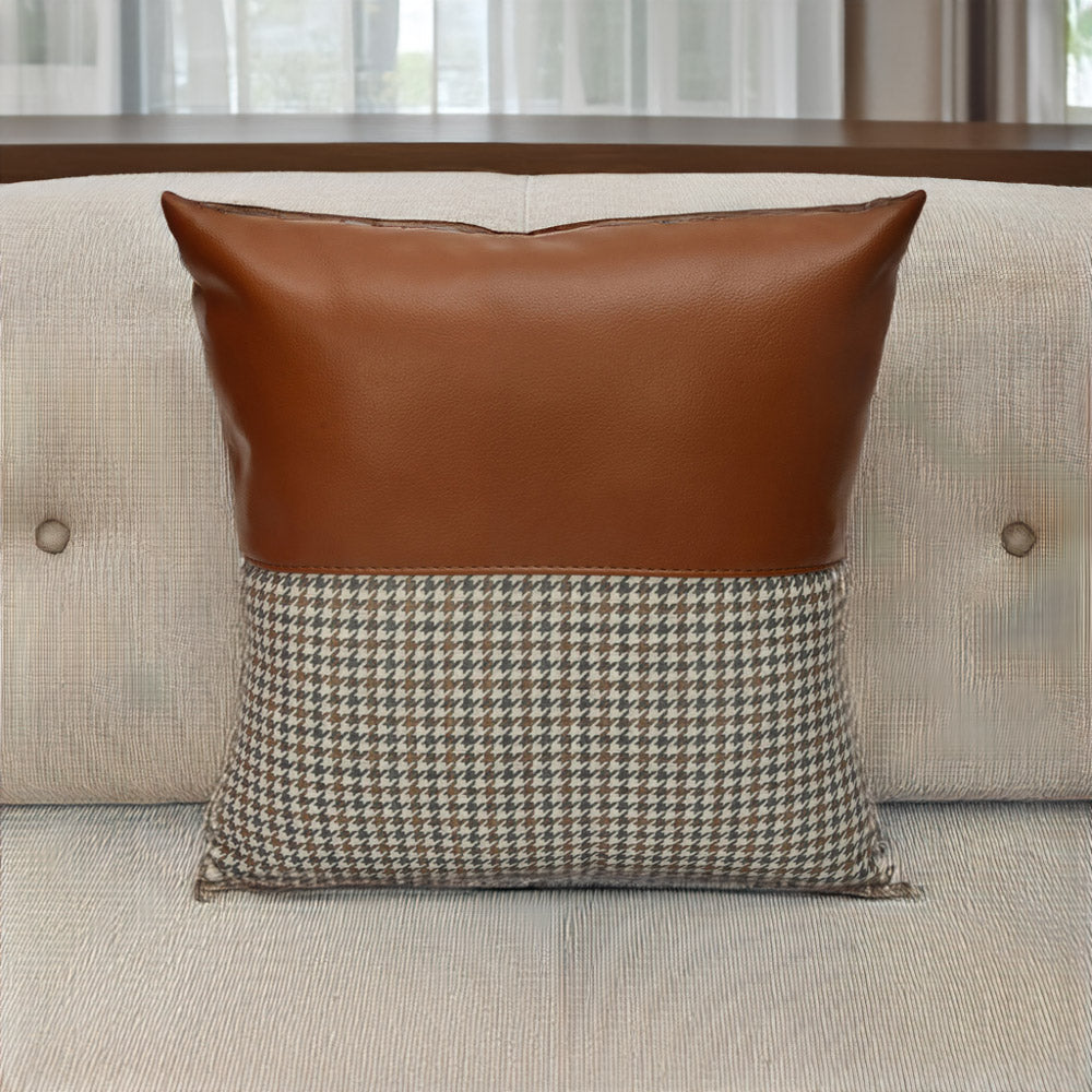 Houndstooth with Solid Pattern Fabric & Leatherette 16' x 16' Cushion Cover (Beige & Tan)